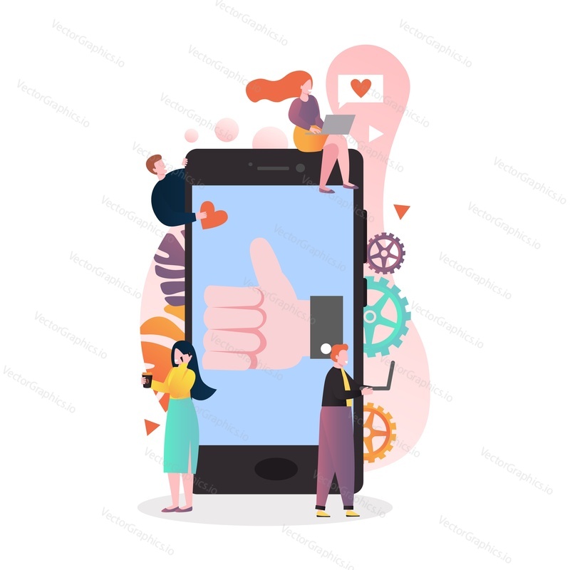 Vector illustration of huge smartphone with thumbs up hand sign on screen and tiny characters using laptop computers and mobile phone. Mobile technologies concept for web banner, website page etc.