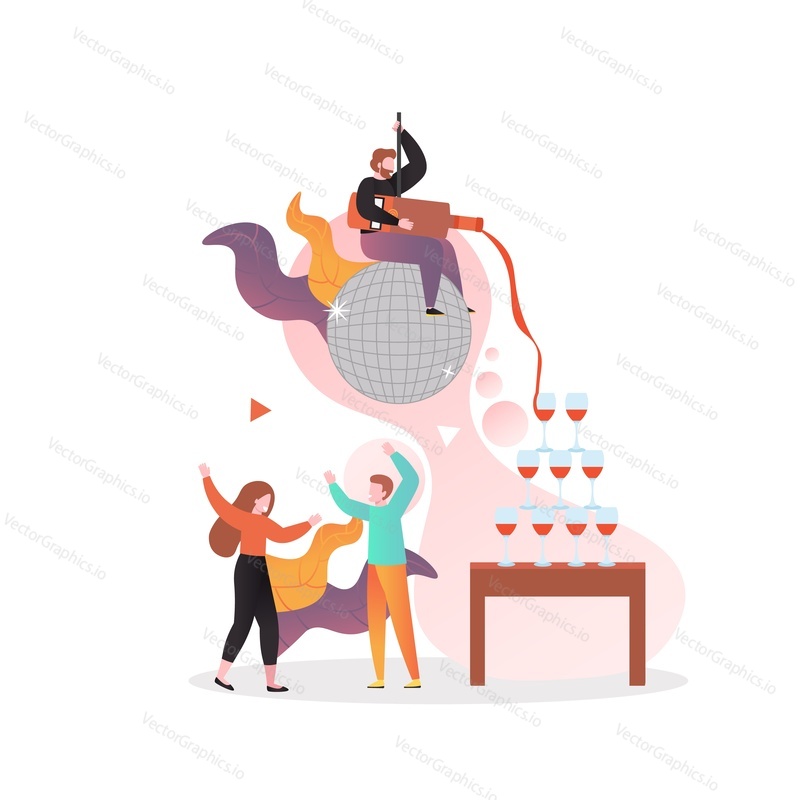 Disco party, vector illustration. Happy people pouring wine while sitting on disco ball, dancing. Nightclub party composition for web banner, website page etc.