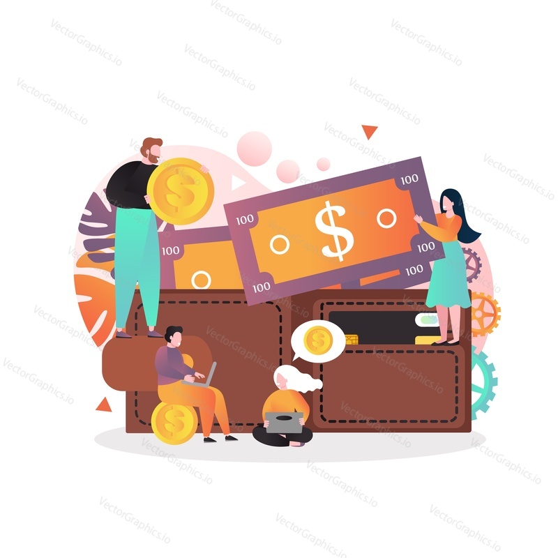 Tiny people putting big dollar coin and banknote into huge wallet, vector illustration. Money savings, earning and making money concept for web banner, website page etc.
