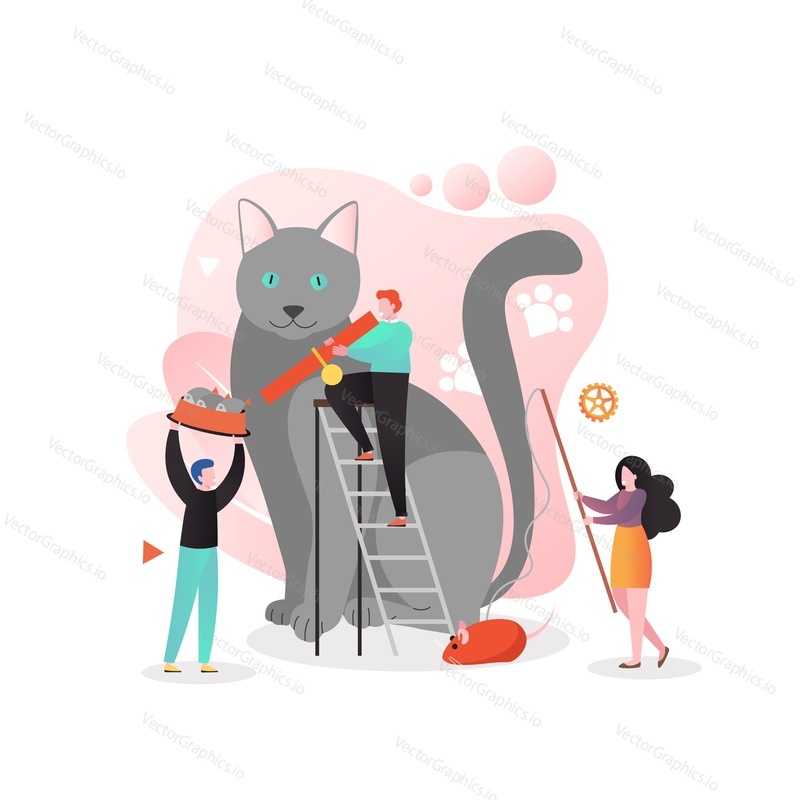 Micro male and female characters feeding huge cat, playing with beautiful domestic kitten, vector illustration. Cat supplies, accessories and products, pet sitting services concept.