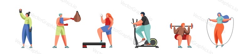 People doing fitness exercises using gym equipment vector flat isolated illustration. Weightlifting, boxing, bodybuilding, strength training, pumping iron, cardio workout, weight loss, sports activity