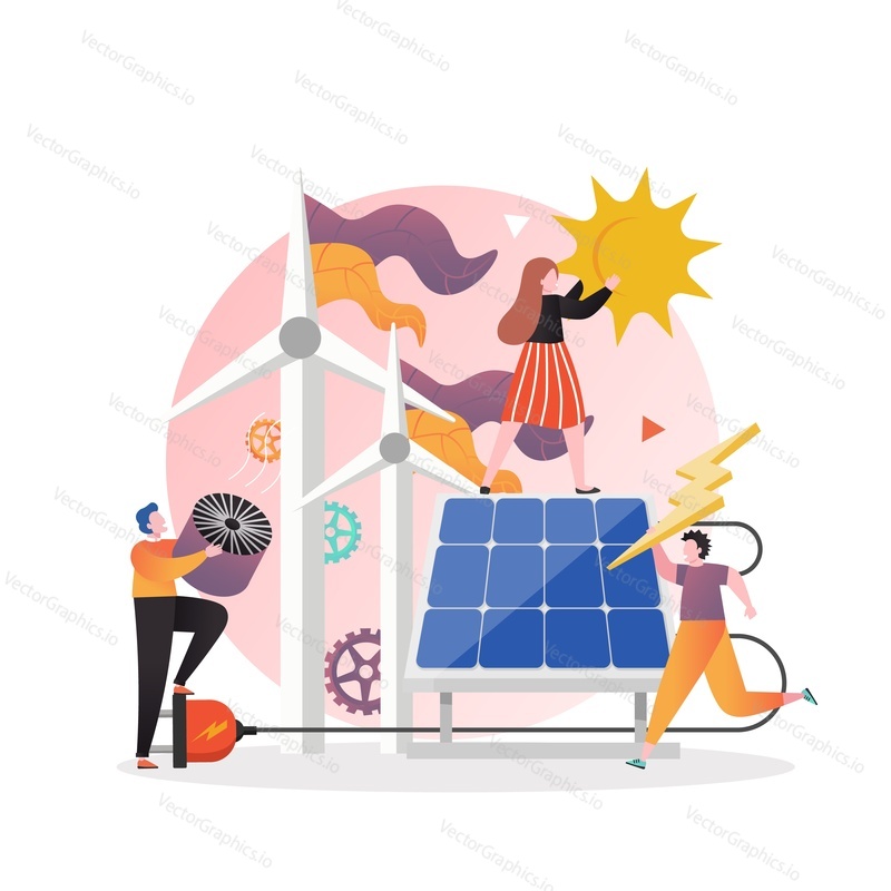 Alternative clean energy production, vector illustration. Solar panels and wind turbines generating electricity from renewable sources such as sun and wind, male and female characters.