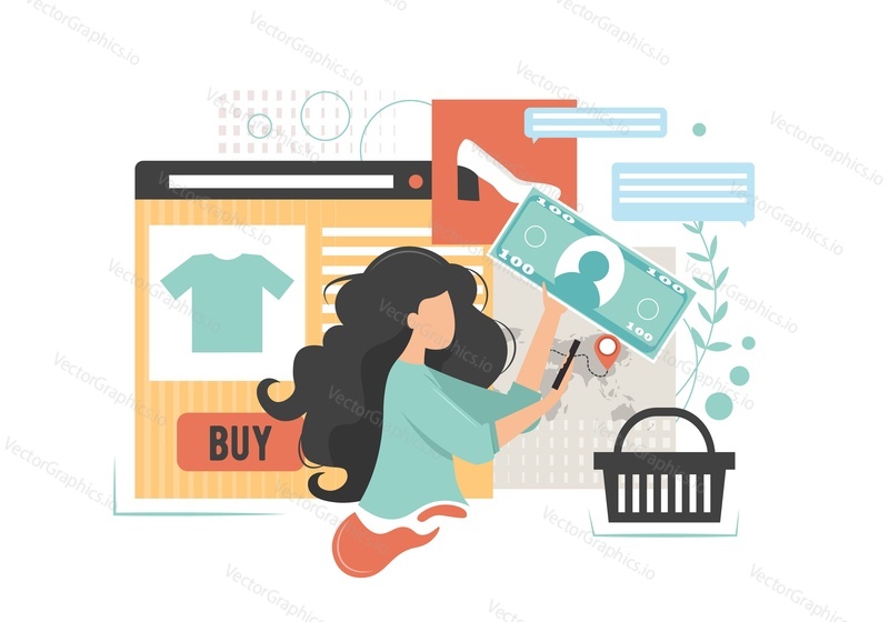 Woman buying shoes and clothes in internet store visiting shopping website, vector flat style design illustration. Online shopping site, e-commerce concept for web banner, website page etc.