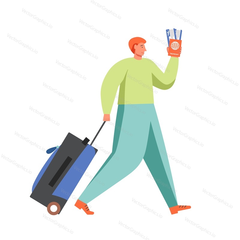 Man traveler tourist with luggage, holding passport and tickets, vector flat isolated illustration. Travel, tourism, adventure concept for web banner, website page etc.