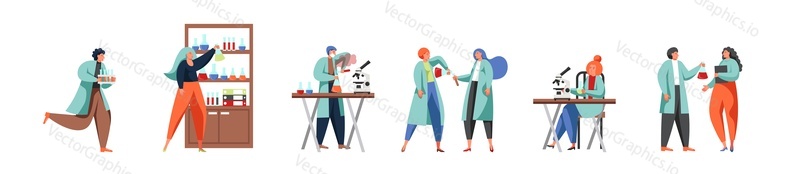 Science people, vector flat isolated illustration. Scientists or lab attendants working in science lab carrying out scientific experiment, doing medical research using laboratory equipment, glassware.