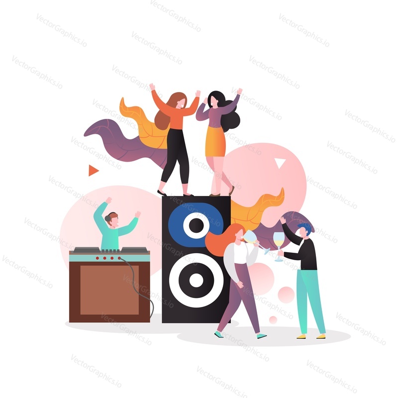 Disco party, vector illustration. Happy people dancing and drinking wine, dj mixing music. Nightclub party, nightlife composition for web banner, website page etc.