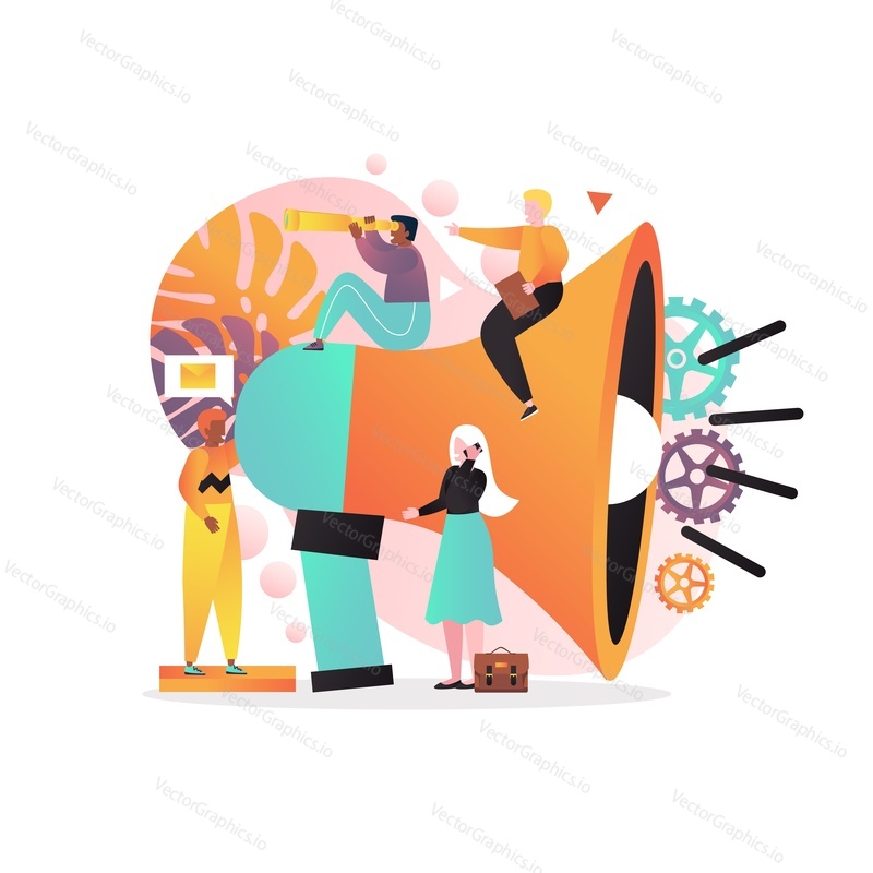 Vector illustration of huge megaphone and tiny characters promoters. Business promotion, types of advertising, public relations, mobile marketing concept for web banner, website page etc.