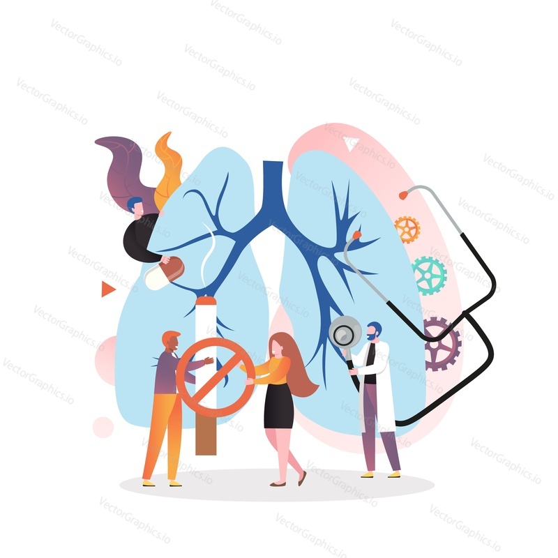 Huge human lungs, micro characters doctors with stethoscope, pills, no smoking sign, vector illustration. Respiratory examination and treatment, pulmonology, lung health checkup concept.