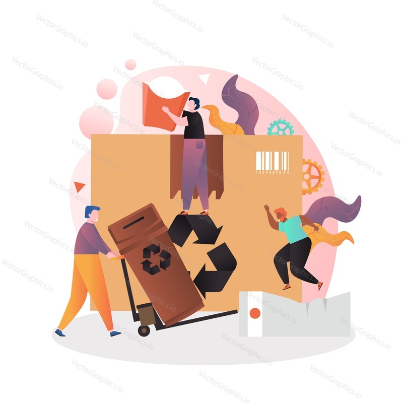 Tiny people pushing cart with brown trash can, collecting recyclable paper garbage big cardboard box, carton fast food pack, vector illustration. Paper waste separation, sorting and recycling concept.