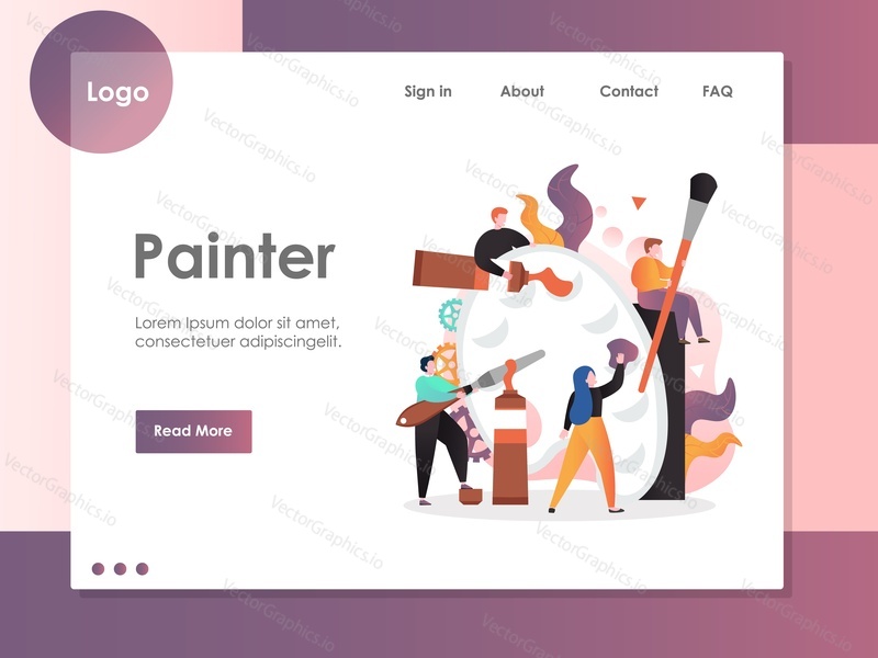 Шаблон векторного веб-сайта Painter, дизайн веб-страницы и целевой страницы для разработки веб-сайтов и мобильных сайтов. Художественная школа, студия, концепция художественного творческого занятия.