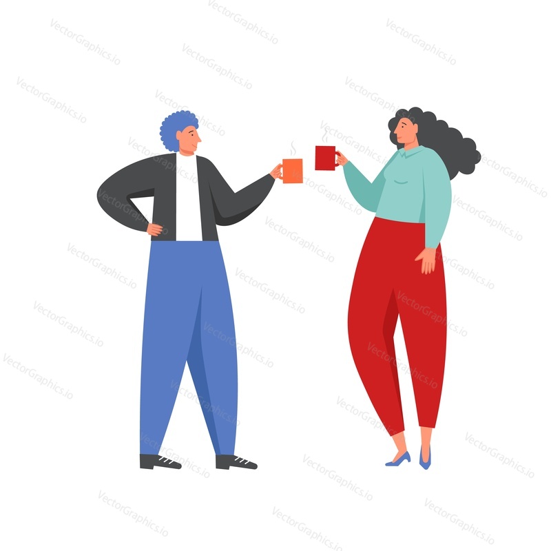 Business people man and woman drinking coffee and talking to each other, vector flat isolated illustration. Business team office scene, coffee break concept for web banner, website page etc.