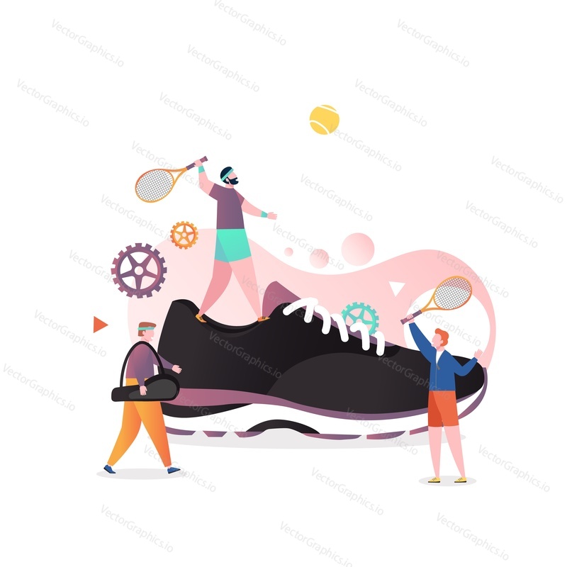 Huge tennis sneaker and micro male characters players playing game, vector illustration. Racket sport game, tennis shoes concept for web banner, website page etc.