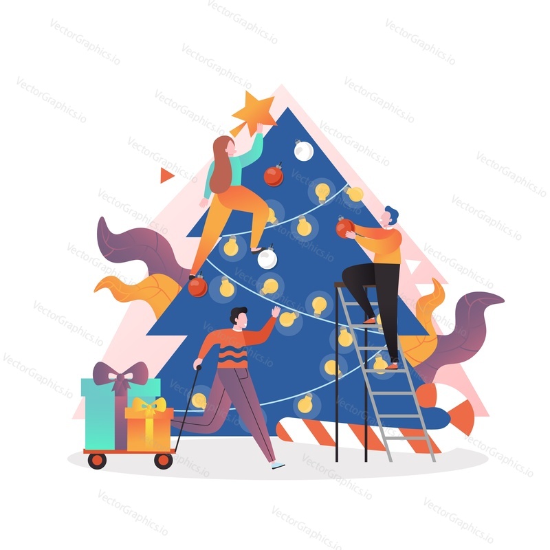 People decorating Christmas tree and preparing gifts, vector illustration. New Year corporate party celebration concept for web banner, website page etc.