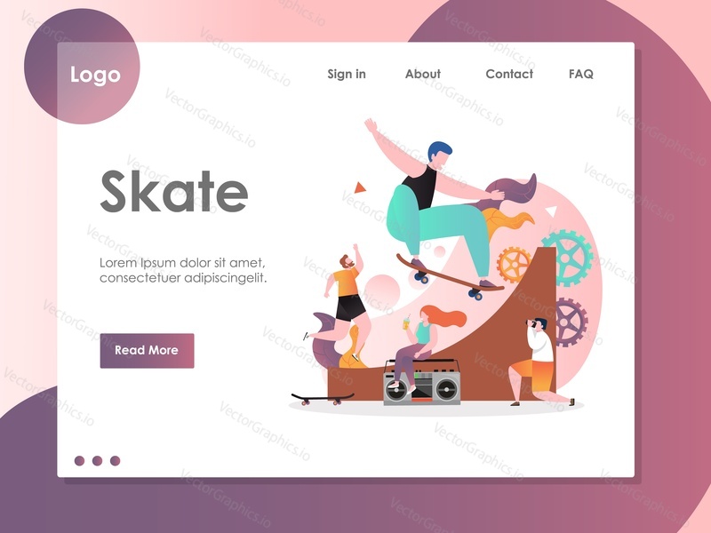 Skate vector website template, web page and landing page design for website and mobile site development. Skateboarding, summer extreme sports concept.