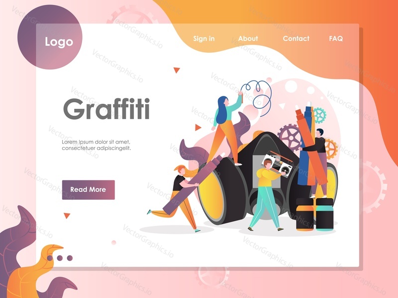 Graffiti vector website template, web page and landing page design for website and mobile site development. Graffiti art characters, tools and accessories.