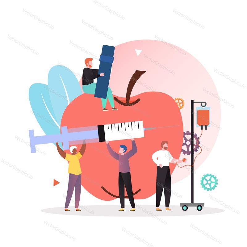 Huge apple, micro male characters getting intravenous insulin infusion, injection, vector illustration. Diabetes mellitus disease medication treatment, diet therapy concept for website page etc.