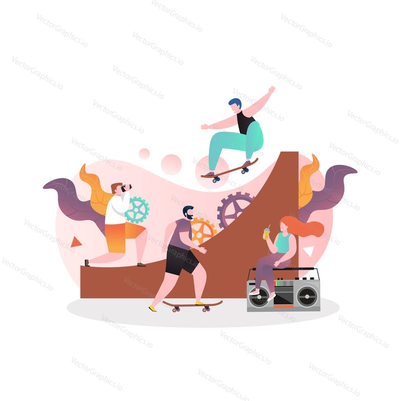 Young people skateboarders riding skateboards and performing tricks on skate ramp, vector illustration. Vert skateboarding concept for web banner, website page etc.
