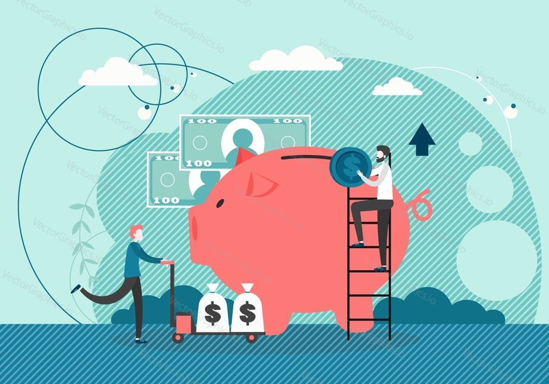 Micro male characters putting dollar coin into huge piggy bank, pushing cart with money bags, vector flat style design illustration. Money savings, bank deposit concept for web banner, website page.