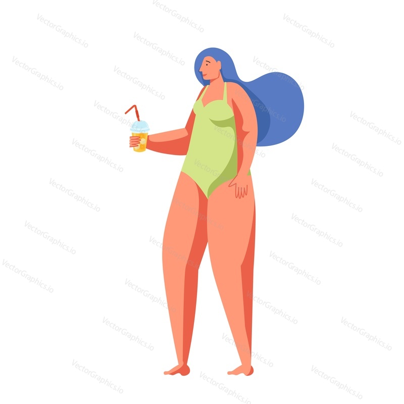 Woman in swimsuit holding cocktail, vector flat illustration isolated on white background. Beach vacation, summer holidays, summertime, traveling.