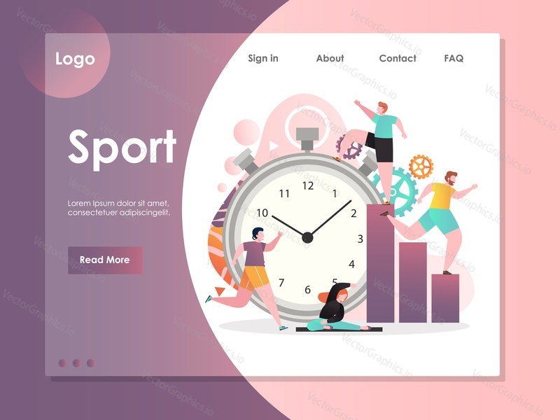 Sport vector website template, web page and landing page design for website and mobile site development. Sport time concept with stopwatch and people running, doing yoga.