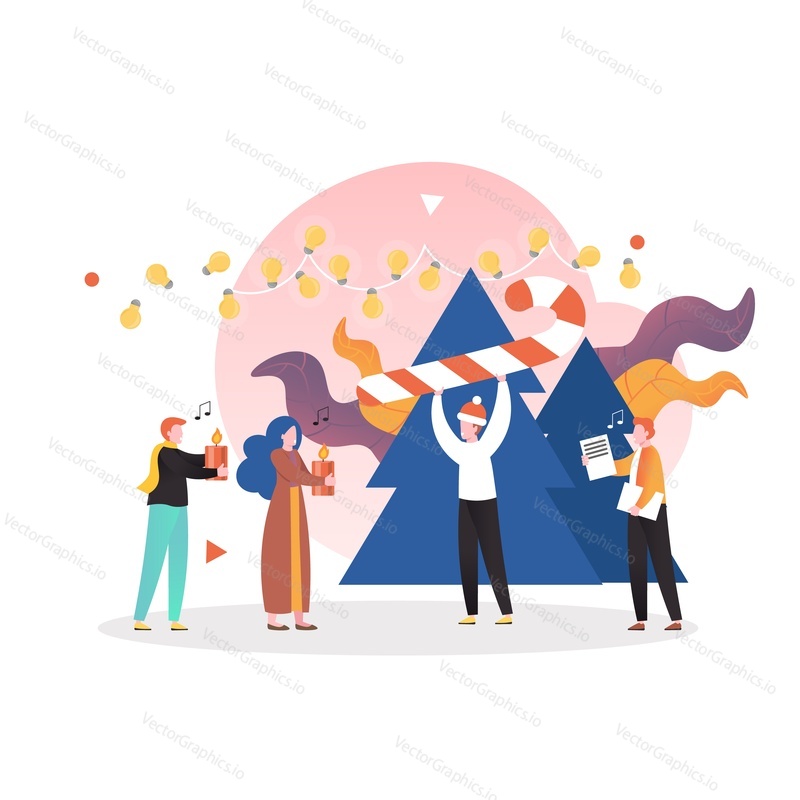 People singing Christmas carols with candy cane and candles, vector illustration. Merry Christmas celebration composition for poster, banner, website page etc.