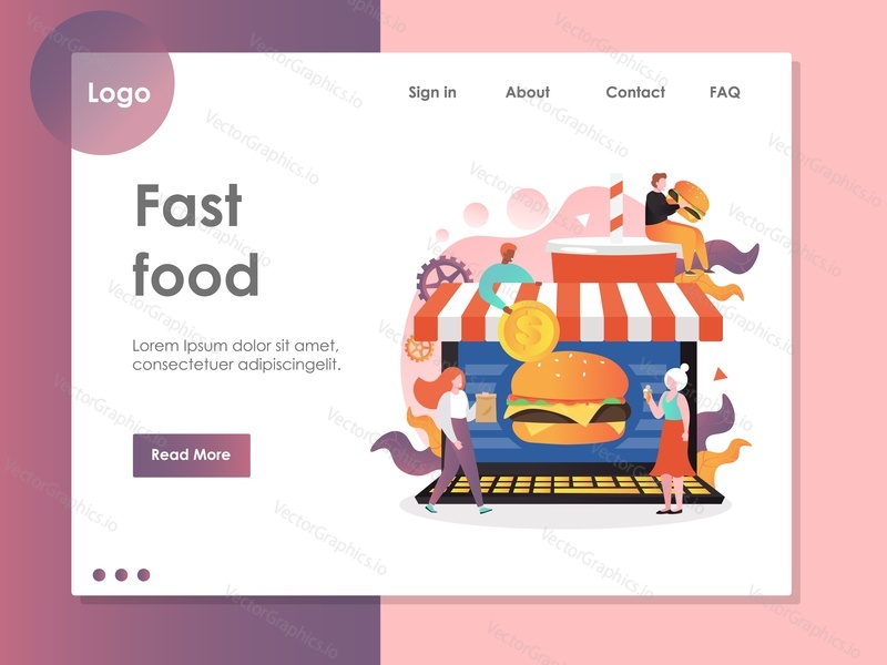 Fast food vector website template, web page and landing page design for website and mobile site development. Fast food delivery online service concept.