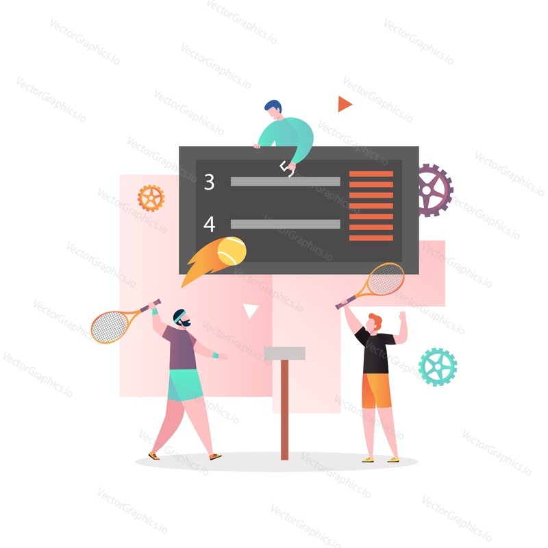 Huge tennis scoreboard and micro male characters players competitors playing game, vector illustration. Tennis championship, tournament concept for web banner, website page etc.