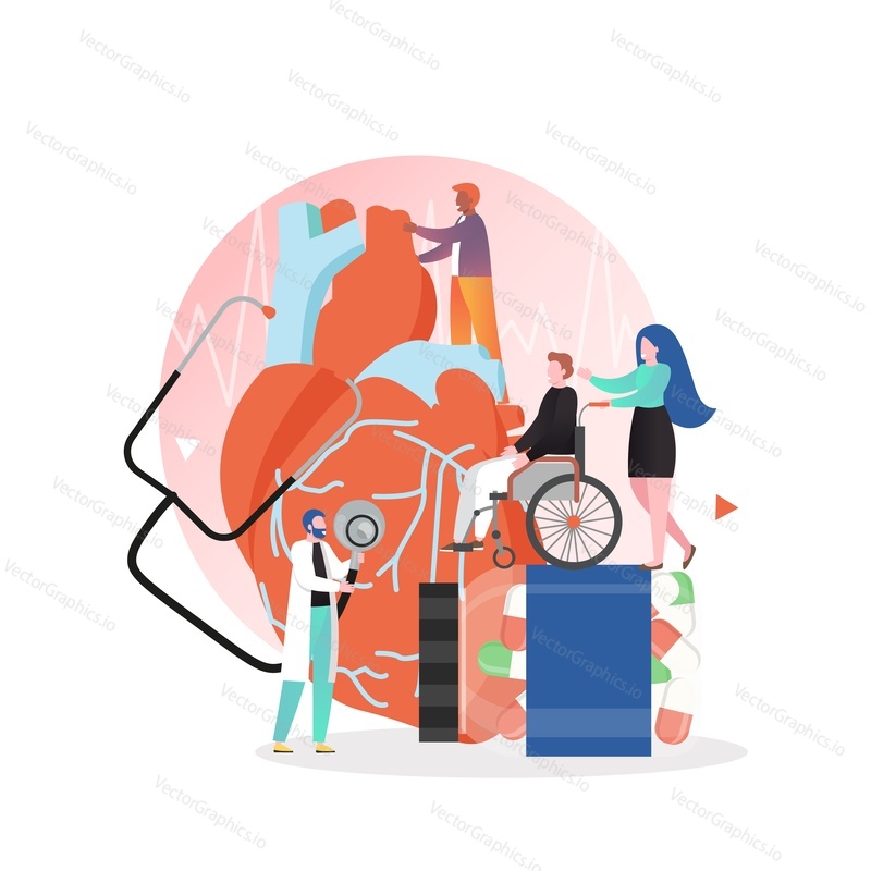Doctor inspecting patient heart in order to prevent stroke or heart attack, vector illustration. Medicine, healthcare, heart examination concept composition for web banner, website page etc.