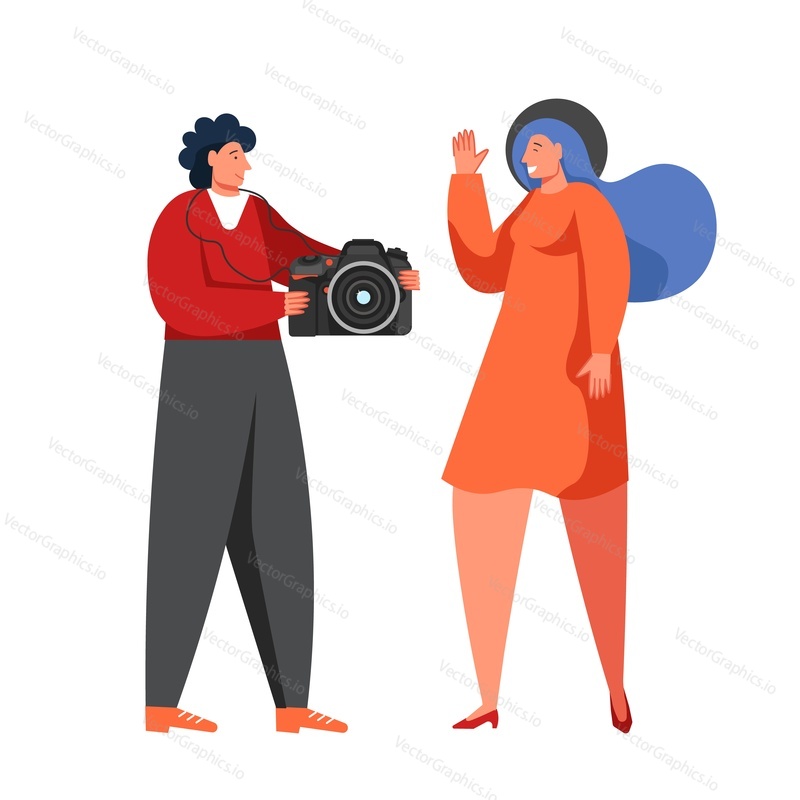 Man and woman travel characters taking photo, vector flat isolated illustration. Traveling, vacation, adventure concept for web banner, website page etc.