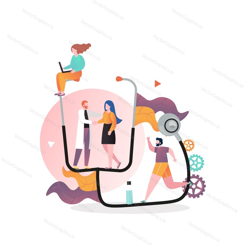 Medical stethoscope or phonendoscope, doctor in white coat and patients, vector illustration. Medicine and healthcare, medical checkup composition for web banner, website page etc.