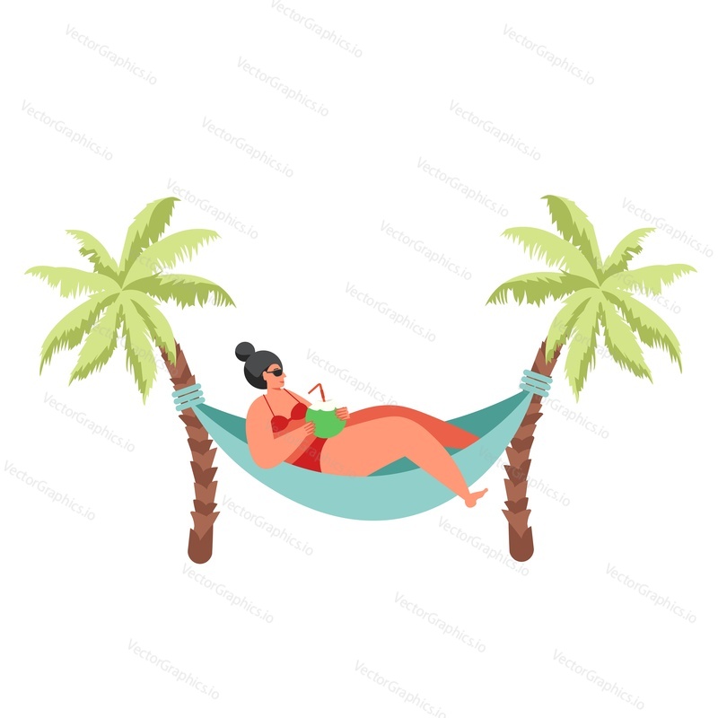 Woman with cocktail wearing swimsuit and sunglasses taking rest while lying in hammock under palm trees, vector flat isolated illustration. Beach vacation, summer holidays, summertime, traveling.