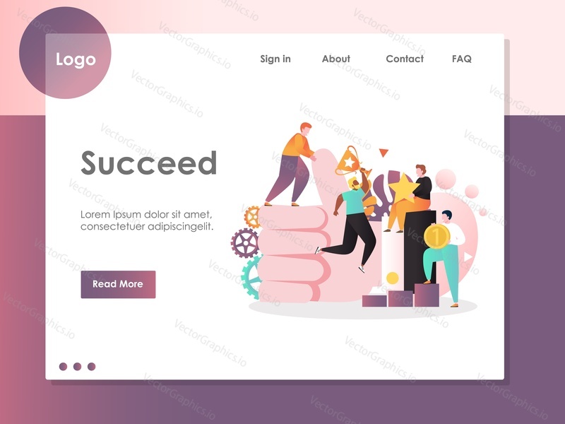Succeed vector website template, web page and landing page design for website and mobile site development. Successful business people, thumbs up yes hand gesture.