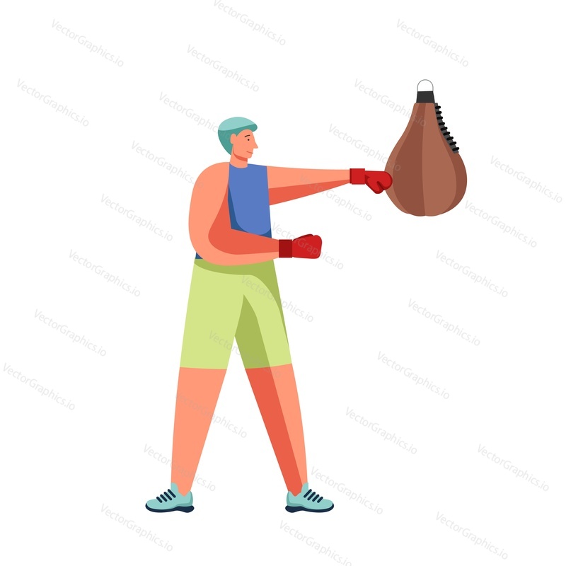 Man hitting punching heavy bag, vector flat illustration isolated on white background. Boxing workout, gym training, martial arts, sport activity.