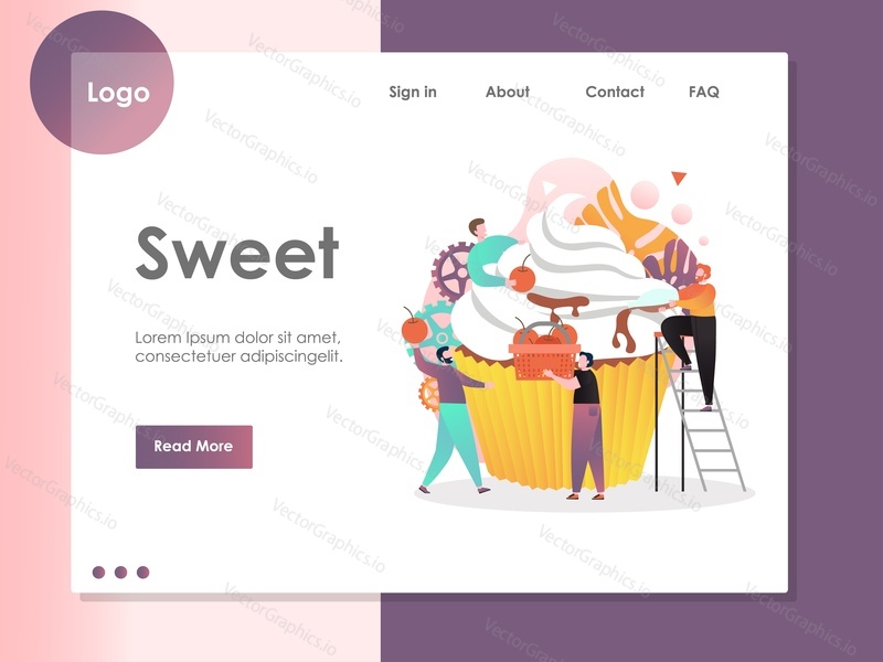 Sweet vector website template, web page and landing page design for website and mobile site development. Sweets production concept with people decorating tasty cherry cupcake.