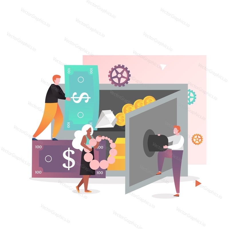 Micro male and female characters bank customers keeping valuables such as money, jewelery in huge safe deposit box, vector illustration. Bank services concept for web banner, website page etc.
