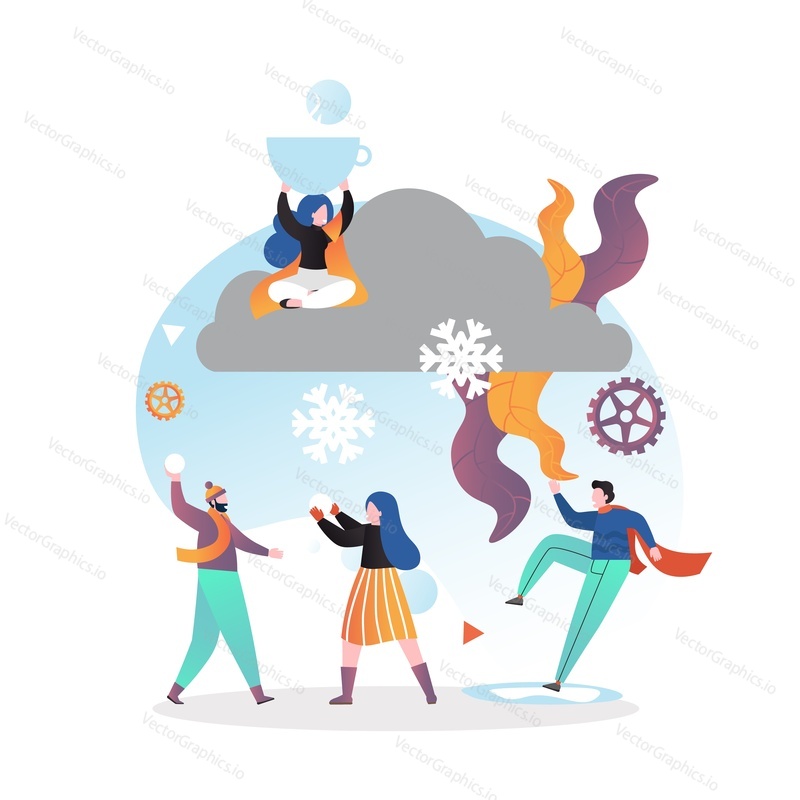 Winter scene, snowfall, young couple playing snowballs, man slipping on ice, vector illustration. Winter snowy weather concept for web banner, website page etc.