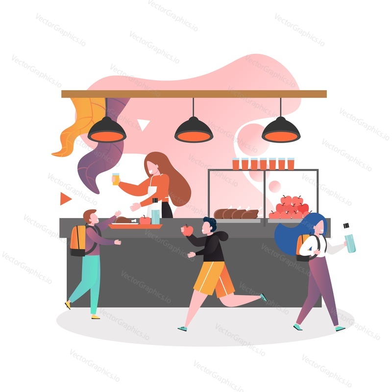 Woman serving food and drinks to schoolboy in school cafeteria, vector illustration. School canteen service concept for web banner, website page etc.