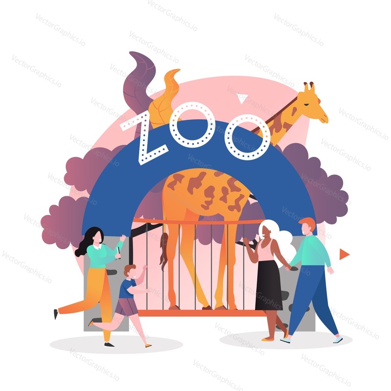 Zoo entrance gate, giraffe in cage and visitors happy couple and mother with son, vector illustration. Zoo park composition for web banner, website page etc.
