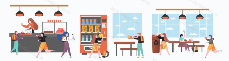 School canteen set, vector illustration. Pupils, students boys and girls cartoon characters having lunch in dining room, buying snack food and drinks from vending machine.