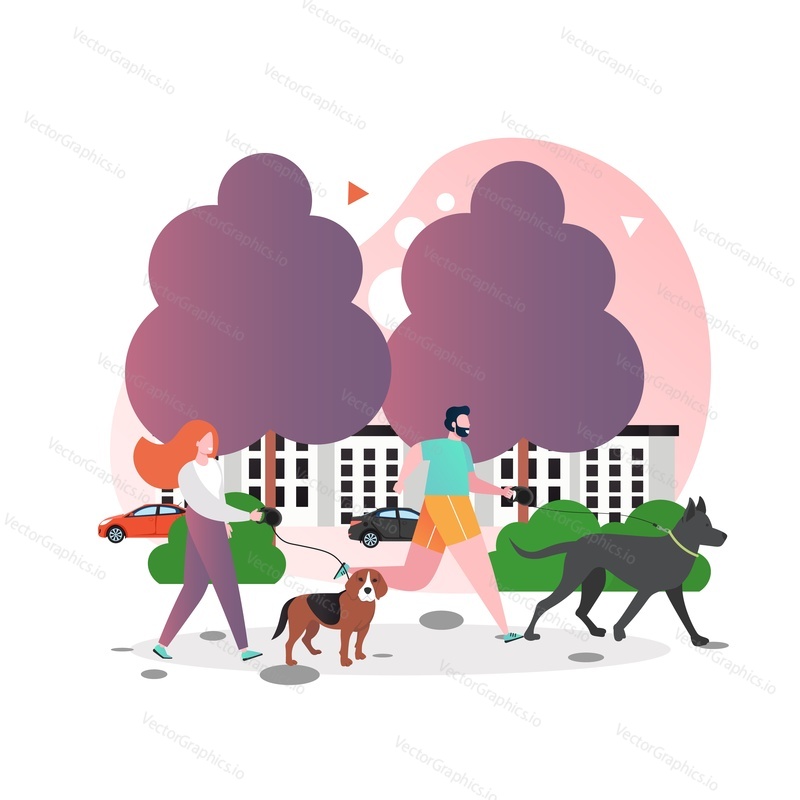 Happy people walking with dogs in city park, vector illustration. Dog owners male and female characters with their pets. Love to pet animals concept for web banner, website page etc.
