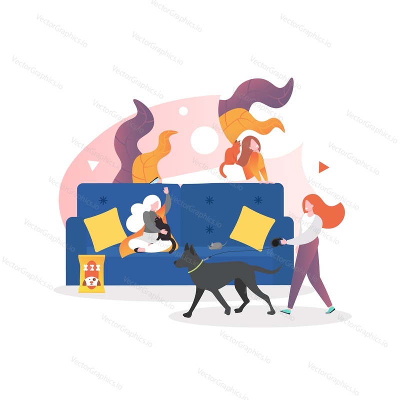 Happy women cartoon characters walking dog on leash, sitting on sofa with cats, vector illustration. Love to animals, pet sitter services concept for web banner, website page etc.