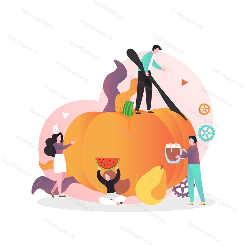 Micro male character cutting huge pumpkin with knife, vector illustration. Autumn seasonal healthy food, harvest festival concept for web banner, website page etc.