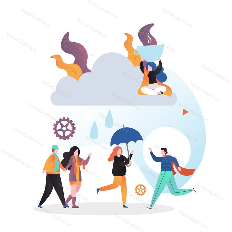 Autumn scene, woman holding umbrella, couple walking in the rain, man running away from rain, vector illustration. Fall wet rainy weather concept for web banner, website page etc.