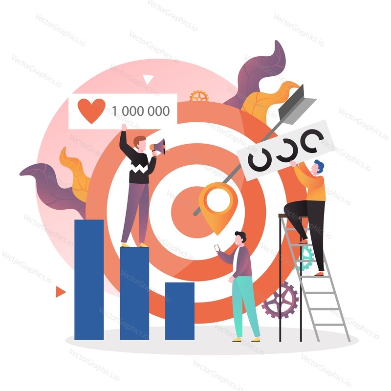 Huge target sign with arrow, male characters with megaphone standing on target analysis chart, using mobile phone, vector illustration. Targeting strategy concept for web banner, website page etc.