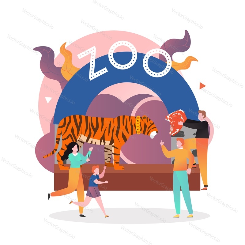 Zoo entrance gate, man feeding tiger with meat and visitors happy family father mother and son, vector illustration. Zoo park composition for web banner, website page etc.