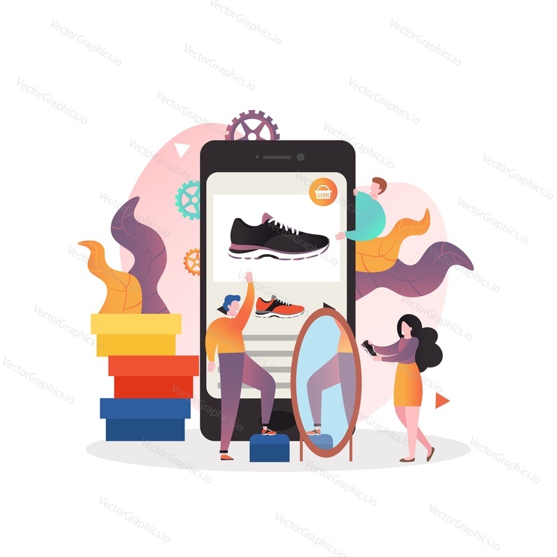 Mobile online shopping, vector illustration. Man choosing sports shoes in internet store. E-commerce, sneakers mobile app concept for web banner, website page etc.