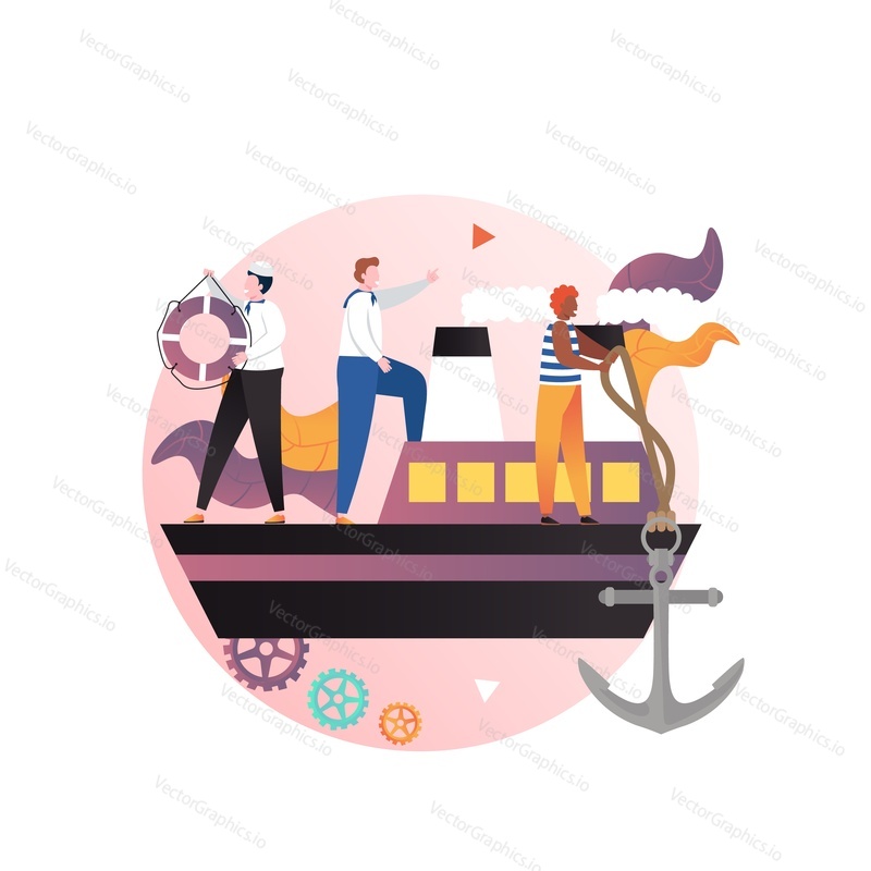 Ship with captain and sailors on deck, vector illustration. Seamen dropping anchor, holding life buoy. Cruise, navigation, maritime, shipping concept for web banner, website page etc.