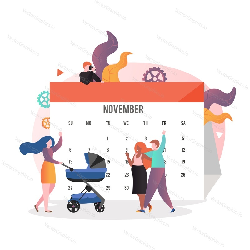 Expectant couple and calendar, vector illustration. Pregnancy day calculation, childbearing concept for web banner, website page etc.