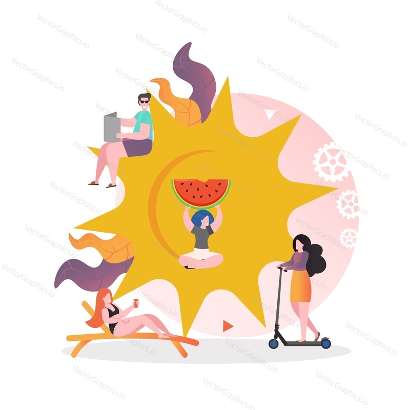 Летняя сцена, женские мультяшные персонажи загорают, едут на скутере, держа в руках большой ломтик арбуза, векторная иллюстрация. Концепция жаркой солнечной погоды для веб-баннера, страницы веб-сайта и т.д.