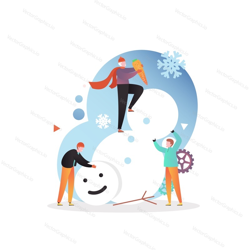 Happy micro male characters making huge snowman, vector illustration. Winter season fun, outdoor winter activities concept for web banner, website page etc.
